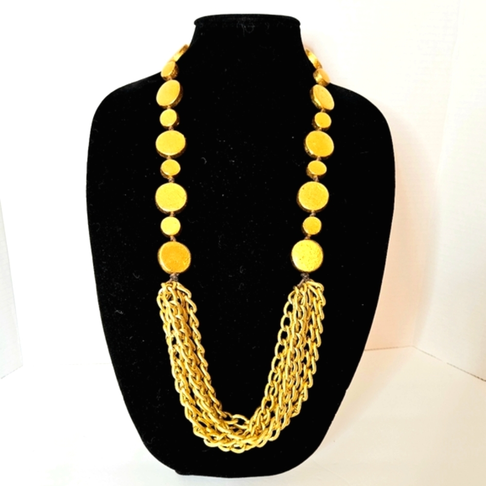 Handmade Wood & Chain Necklace Overlaid with Faux Gold